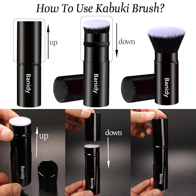 Makeup Brush Kabuki Face Brushes Retractable Travel Blush Brush Portable Flawless for Foundation, Powder Blush, Bronzer, Buffing, Liquid, Cream, Cruelty Free with Cover(Flat-Head)