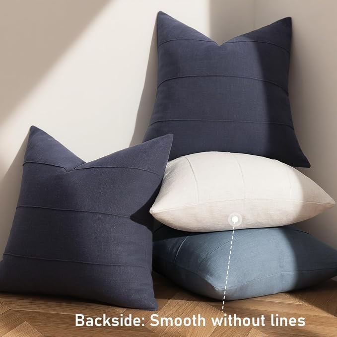 Decorative Linen Throw Pillow Covers 24x24 Set of 2 Solid Handcrafted Striped Cushion Covers for Bed Soft Modern Farmhouse Neutral Pillowcase for Couch Bedroom Living Room Home Decor(Dark Navy)