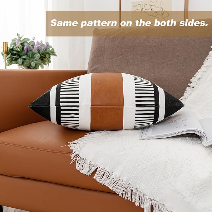 Farmhouse Stripe Euro Pillow Cover 26x26 Large Accent Cushion Cover Black and White Faux Leather Decorative Pillowcase for Sofa Couch Chair Bedroom Modern Decor,Black