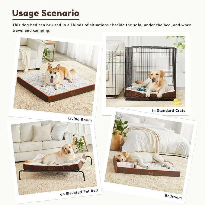 WESTERN HOME WH Orthopedic Dog Beds Large Sized Dog Washable Pet Bed, 36in | Waterproof Liner,Removable Cover,Thick Egg Crate Foam for Joint Support,Nonskid Bottom,OEKO-TEX Certified,Brown,Up to 70 Lbs