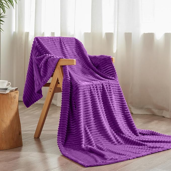 Vessia Flannel Fleece Twin Blanket for Couch,Sofa,Bed, 300GSM Striped 60x80inch Purple Blanket for Adults and Kids, Super Soft Warm Cozy Lightweight Ribbed Throw for All-Season