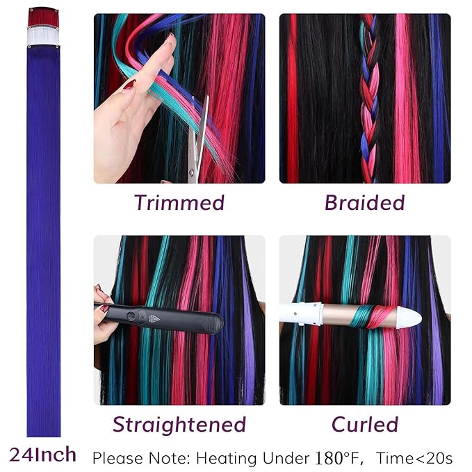 IDN BEAUTY Colored Clip in Hair Extension, 12PCS Red Blue White 24Inch Multicolored Deep Purple Mix Synthetic Hair Pieces for Women, Hair Accessories for Party Cosplay Travel Birthday