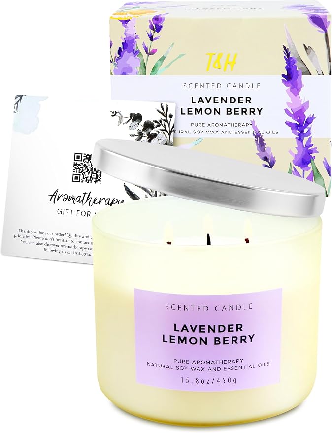 Lavender Lemon Berry 3-Wick Soy Aromatherapy Candle for Women, 15.8 oz | Ylang-Ylang, Cedar & Violet Notes, Calming Floral Lemon Home Scent, Clean Burn, Bedroom, Bath & Spa, Gift for Her & Mom