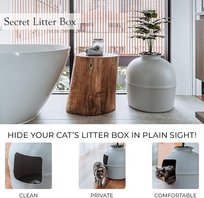 Secret Litter Box by Bundle & Bliss - Hidden Litter Box Enclosure, Patented Design with Odor Control, Includes Faux Plant, Carbon Filter and Real Stones (Soft Grey)