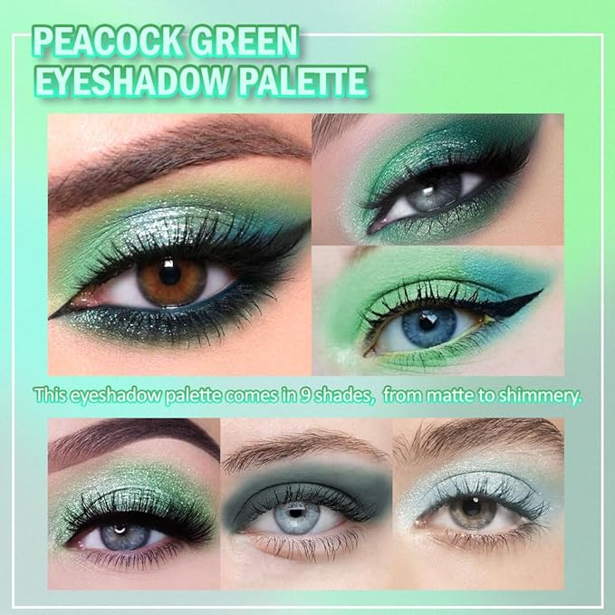 AMY'S DIARY Matte Shimmer Light Deep Green Eye Shadow Palette Makeup,Eyeshadow Long Lasting Waterproof Cruelty-Free, 9 Blendable Shades in Smooth Finishes with Gorgeous Pearls for Girls (Green)