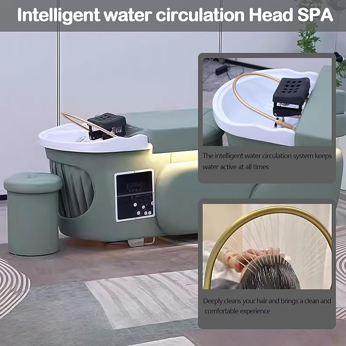 Head SPA Bed - Shampoo Bed with Sage Green Curved Sleek Style, Head SPA Equipment & Massage Table Includes Water Circulation, Ambient Light, with Stool