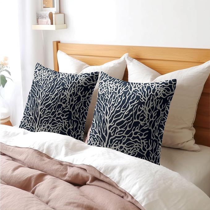 Nautical Coastal Coral Pillow Covers 22x22 Inch Set of 2 Summer Ocean Beach Navy Blue Decorative Pillow Cases Outdoor Linen Cushion Cover Farmhouse Decor for Bedroom Home Sofa Couch Bed