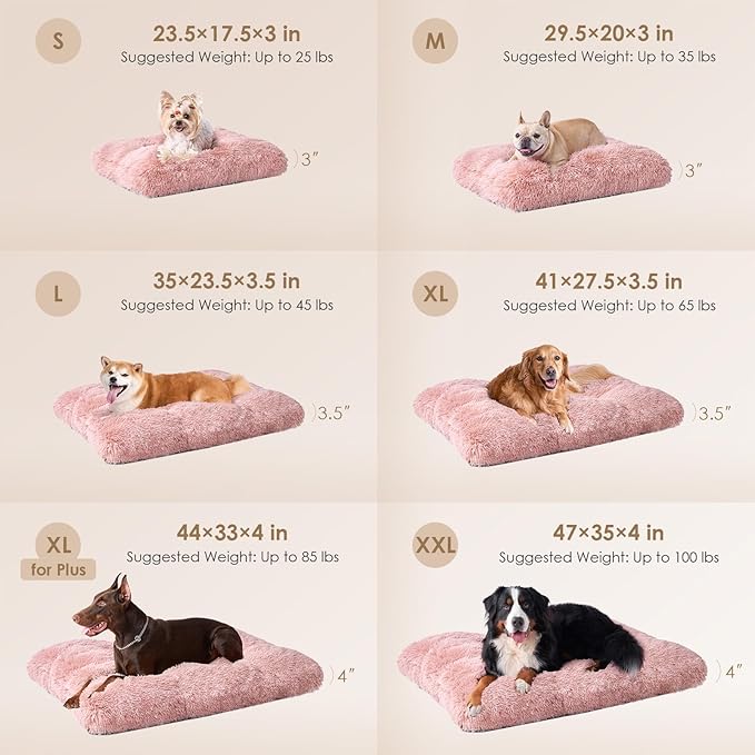 EHEYCIGA Fluffy Dog Crate Bed for Medium Dogs, Plush Crate Pad, Pink | Calming Anti Anxiety Medium Dog Bed, Washable Soft Warm Faux Fur Crate Mat with Non-Slip Bottom