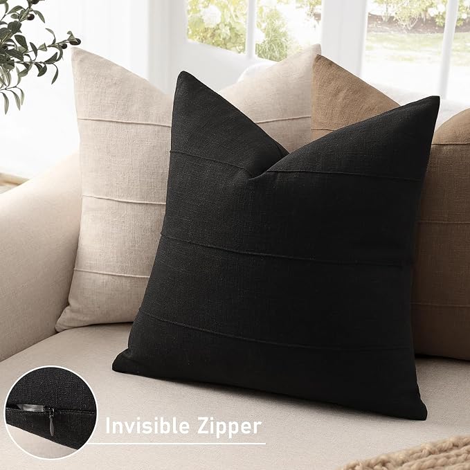 Decorative Linen Throw Pillow Covers 20x20 Set of 2 Solid Handcrafted Striped Cushion Covers for Bed Soft Modern Farmhouse Neutral Pillowcase for Couch Bedroom Living Room Home Decor(Black)