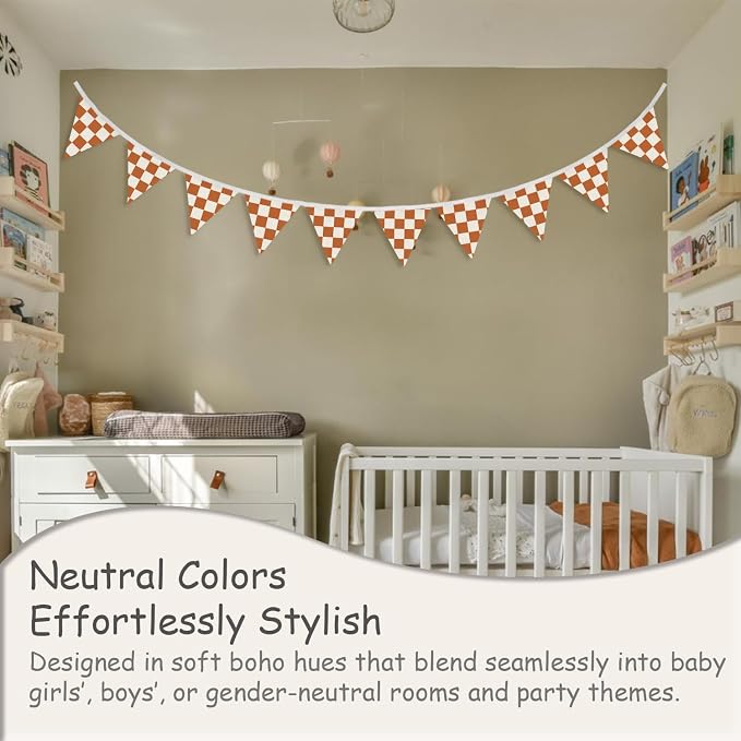 Boys Room Wall Art Decor,Cars Room Decor for Toddler Nursery Playroom,Orange and White Checkered Garland Triangle Banners,Racing Flags 11Ft Bunting Flags Fabric for Baby Shower Birthday Party