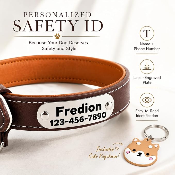 Personalized Leather Dog Collar with AirTag Holder Case, Custom Engraved Nameplate Dog Collar, Adjustable Genuine Leather Soft Padded Dog ID Collar for X-Small Small Dogs-Brown Padded-S