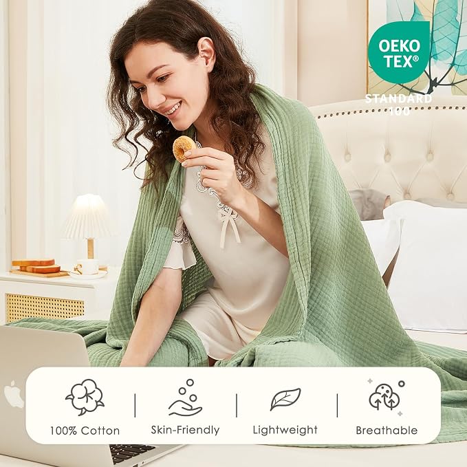 EMME Muslin Blankets for Adults Throw Blanket for Couch Breathable Gauze Soft Lightweight Airy Sage Green Throw 50" x 60"