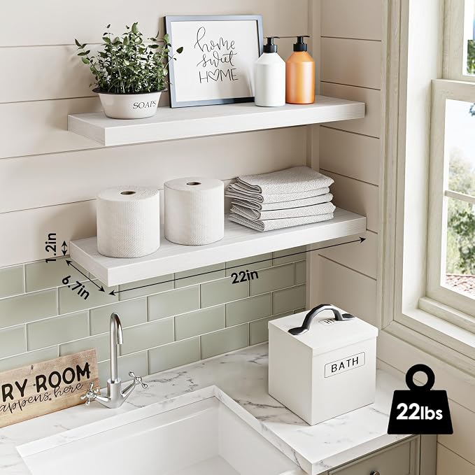 Fixwal Floating Wall Shelves for Decor (White, Set of 2, 22Inch) | MDF Shelf with Metal Brackets, Space Saving for Books , Decor, Fits Bathroom, Kitchen, Bedroom, or Office
