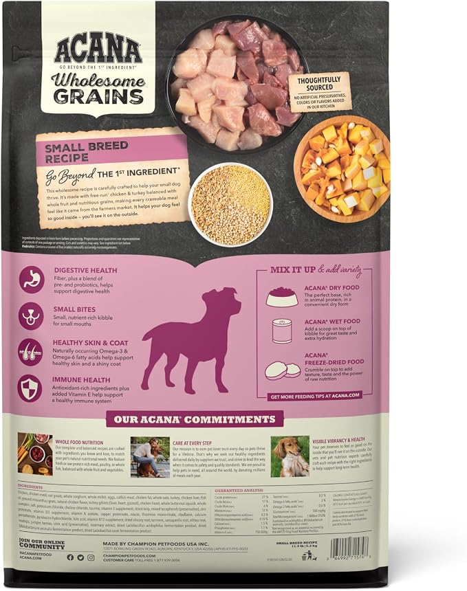 ACANA Wholesome Grains Dry Dog Food Small Breed Recipe 11.5lb Bag | Made in the USA, Includes Probiotics, Omega-3 Fatty Acids, Free-Run Poultry, Small Breed Dogs, Global Quality Ingredients
