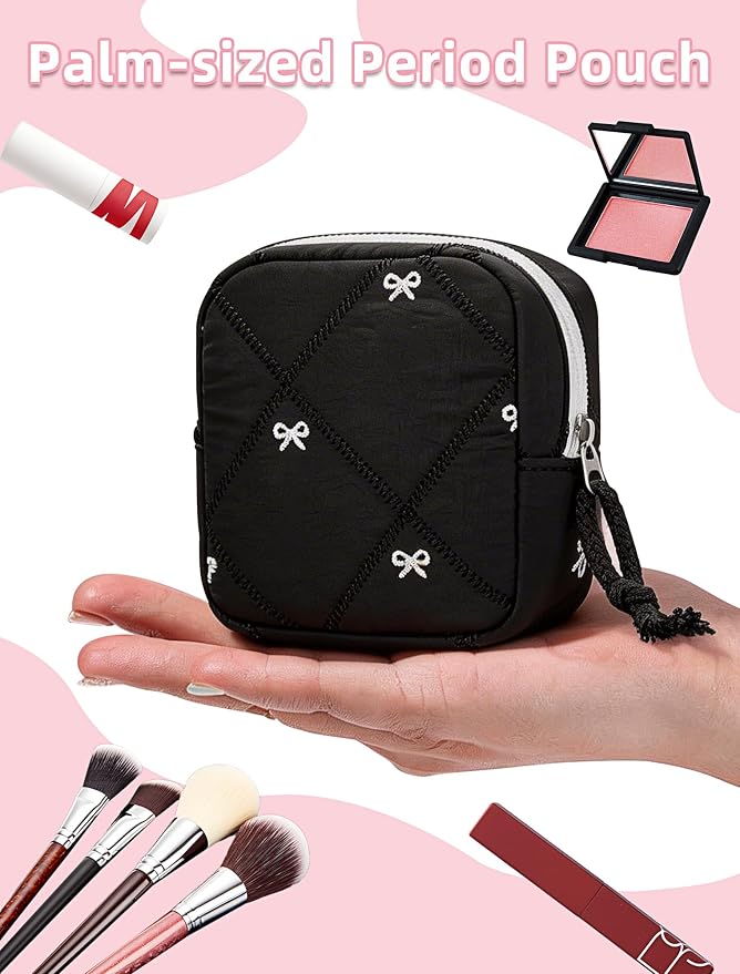 Period Bag for Girls, Quilted Period Pouch for Women, Sanitary Napkin Storage Bag Menstrual Pad Pouches Tampon Holder for Purse Pad Bag Gifts for Teen Girls(Black)