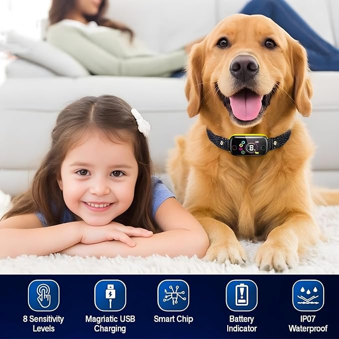 Anti Barking Shock Collar for Large, Medium, Small Dogs, Smart Dog Bark Collar, Beep, Vibration & Shock, 8 Sensitivity Levels, No Bark Training Collar, USB Rechargeable, Waterproof, Black/Gold