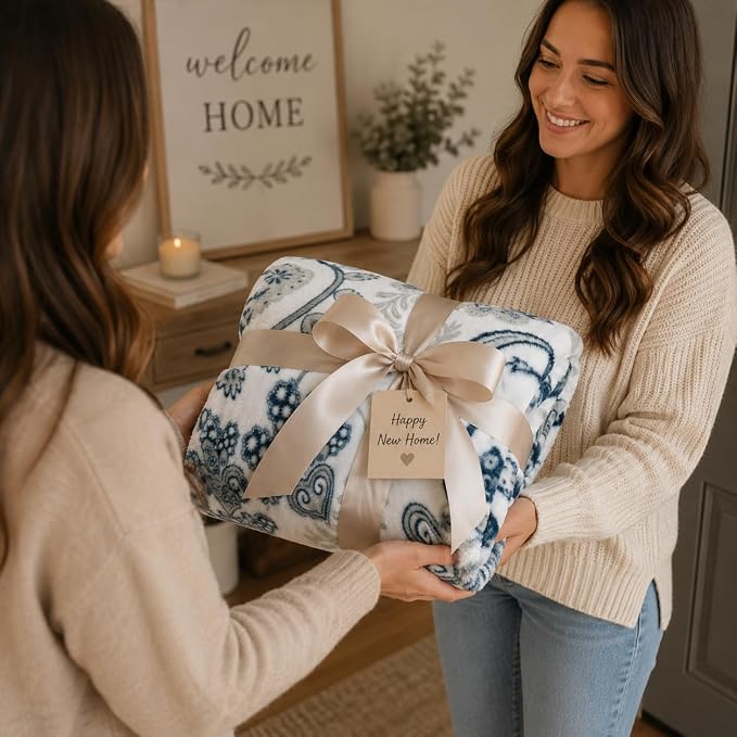 Soft Fleece Throw Blanket, Blue Grey Paisley Boho Damask, 50x70, Oversized | Hues of Gray & Navy in Elegant Floral Design, Accent For Living Room or Bedroom on Sofa Couch Bed Chair