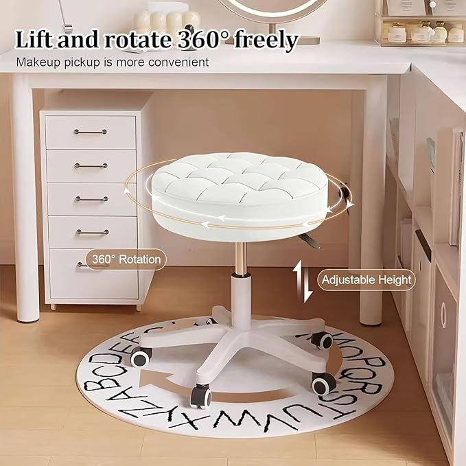 Small Rolling Stool with Wheels, PU Leather Height Adjustable Vanity Work Task Stool, 360 Swivel, Padded Seat Cushion, for Salon, Home, Office