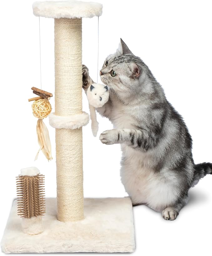 Best Pet Supplies Catify Cat Scratching Post - Beige H: 25" | 11" x 11" x 25", Interactive Cat Pole, Built-In Toys, Durable Sisal, Furniture Protector, For Indoor Kittens and Cats
