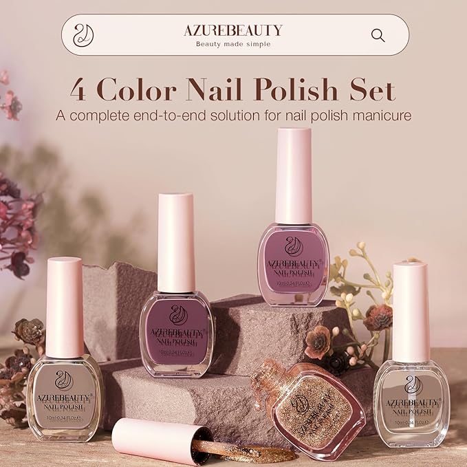 AZUREBEAUTY Nail Polish Set 4 Colors Nude Purple Glitter Nail Polish Quick Dry Natural Nail Lacquer Fingernail with Top Coat DIY Salon Home