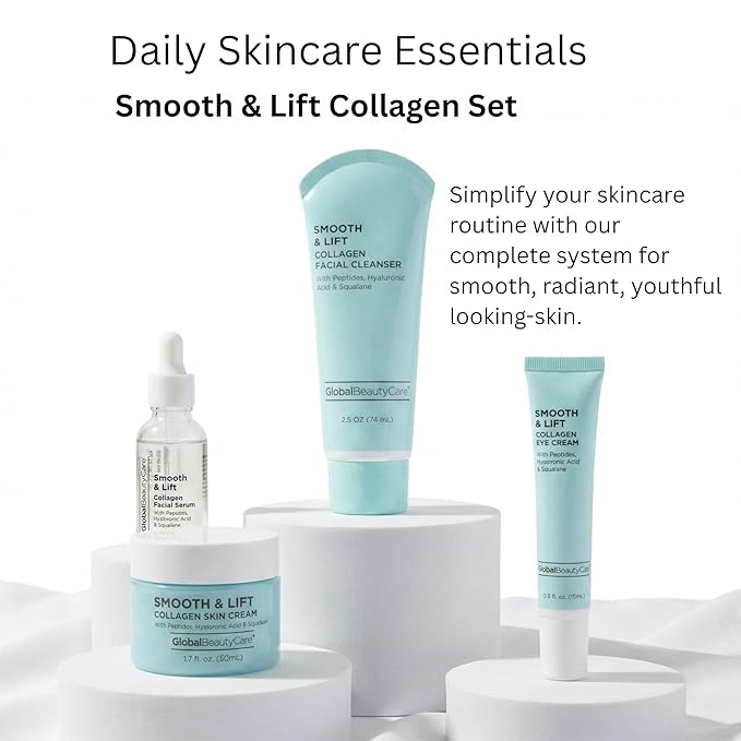 Global Beauty Care Smooth & Lift Collagen Skin Care Set - Hydrating & Firming Facial Cleanser, Serum, Eye Cream & Face Cream with Peptides & Hyaluronic Acid, Complete Face Care Routine, 4-Piece Set