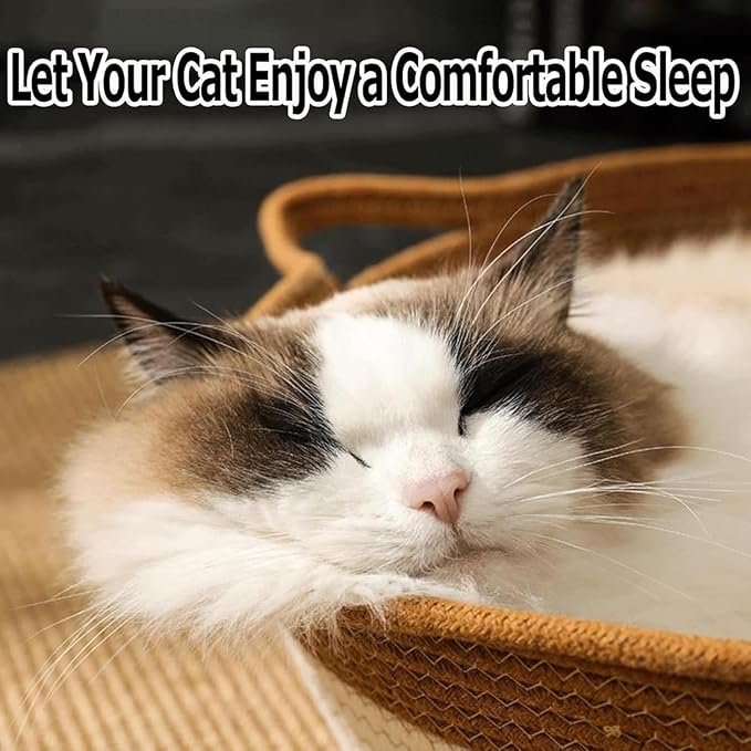 Instinct Basket, Stimuli Handwoven cat Basket Rope Cotton with Cushion, Eliminates Bed Rejection Round Pet Basket, Boho Catbed for Cats Handwoven Scratchable Breathable Weave (Small-B)