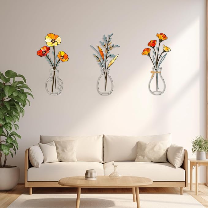 3 Pcs Metal Flowers Wall Arts,Yellow Metal Vase Wall Art,Iron Art Painting,Rustic Farmhouse Decor Minimalist Flower Decor for Bedroom Bathroom Living Room Dining Room(Yellow, Vase-C)