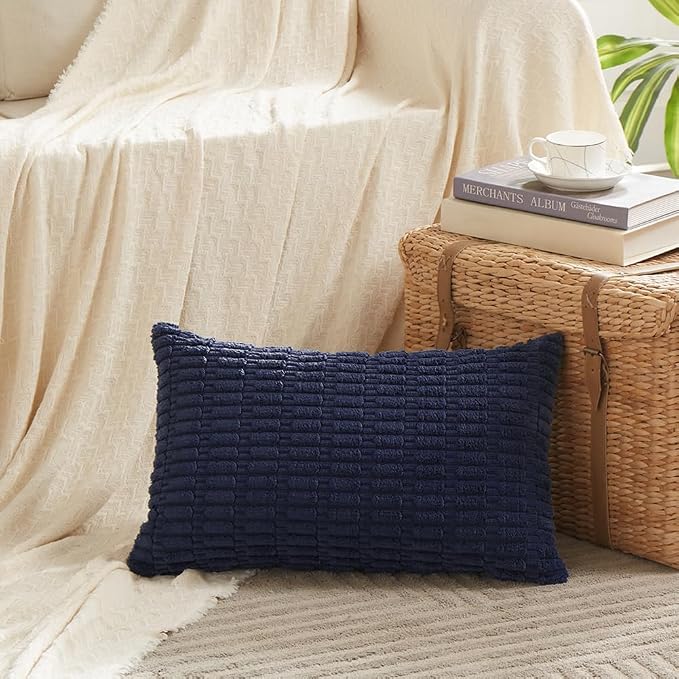 Fancy Homi Decorative Throw Pillow Covers for Bed Couch Bedroom Bench, Soft Lumbar Corduroy Solid Pillow Case, Rustic Farmhouse Boho Room Décor, 20" x 12" (Pack of 1), Navy Blue