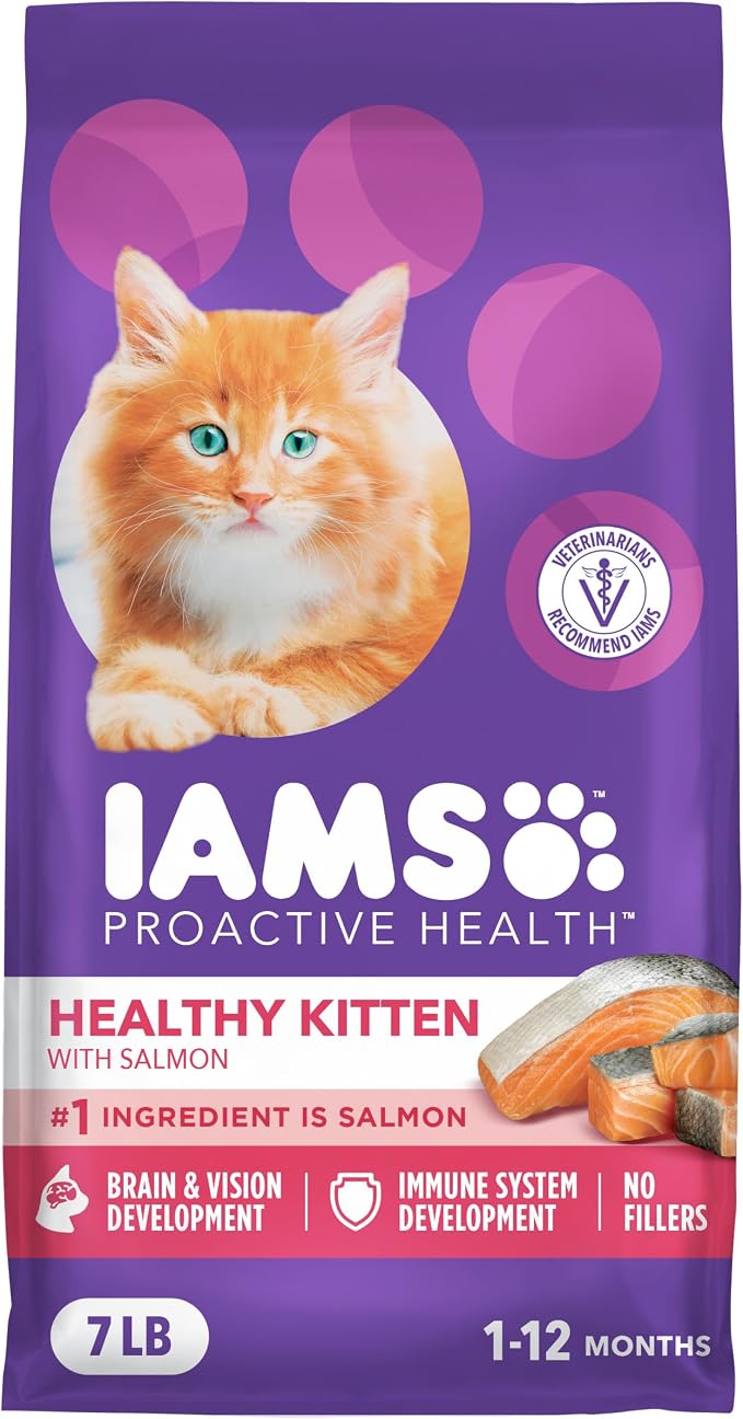 IAMS Proactive Health Healthy Kitten Dry Cat Food, Salmon, 7 lb | Salmon #1 ingredient, DHA omega-3 for brain development, prebiotics & beet pulp, Vitamin E immune support
