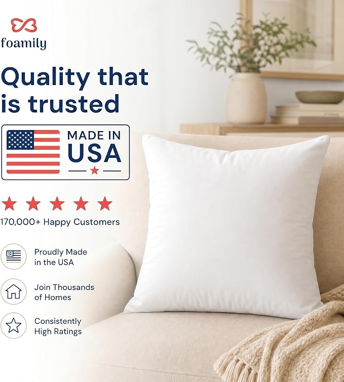 Foamily 16x16 Throw Pillow Inserts, White Pillows for Couch & Bed, 4 Pack | Soft down-alternative fill, hypoallergenic, holds its shape. Fits 16x16 covers. Couch, sofa, bed, nursery decor.