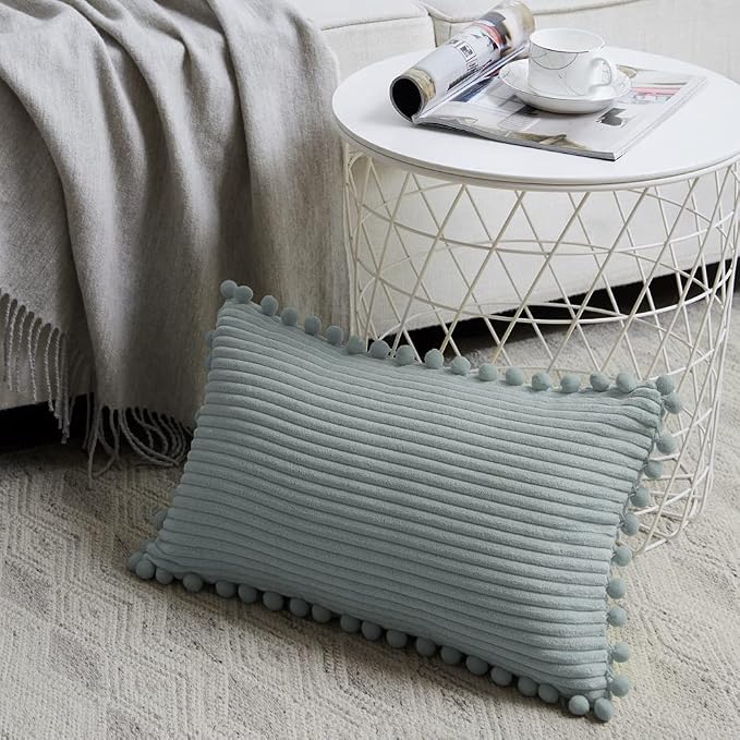 Fancy Homi Pack of 2 Farmhouse Lumbar Decorative Throw Pillow Covers with Pom-poms, Soft Corduroy Solid Rectangle Cushion Cases Set for Couch Sofa Bedroom Living Room (14x24 Inch/35x60 cm, Grey Blue)