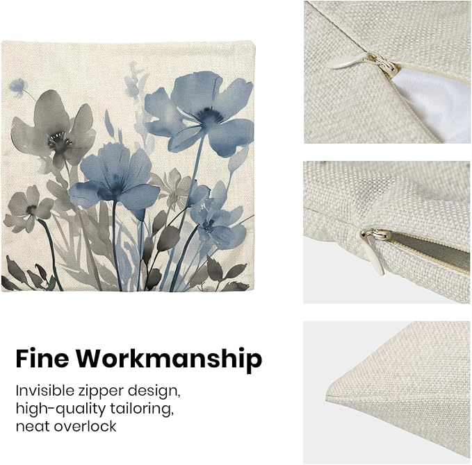 Spring Floral Pillow Covers 18x18 Inches Set of 2 Gray Blue Floral Throw Pillow Covers Outdoor Rustic Summer Flower Decoration Pillowcase Farmhouse Decorative Cushion Cover For Home Sofa Couch