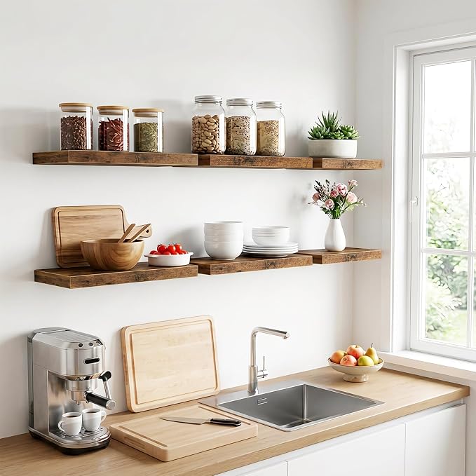 Fixwal Floating Wall Shelves for Decor (Rustic Brown, Set of 6, 15.7 Inch) | MDF Shelves with Metal Brackets, Space Saving for Books, Decor, Works in Bathroom, Kitchen, Living Room, Bedroom