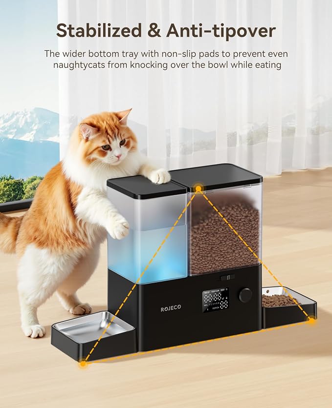 Automatic Cat Feeder & Water Dispenser,Button Customizable Feeding | 2 in 1 Feeding Drinking Water/5L Food Feeder,3.5L Water Fountain/Stainless Steel Bowls/Detachable Clean/Black