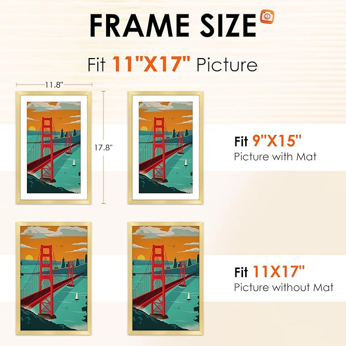 11x17 Picture Frame Gold Set of 2, Photo Frame with HD Plexiglass, Display Pictures 9x15 with Mat or 11x17 Without Mat, Gold Picture Frames Collage Wall Decor, Gallary Wall Frame