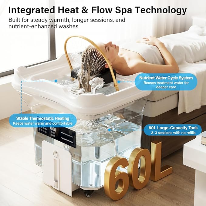 Head Spa Equipment with Thermostatic Waterfall Circulation, 60L Water Storage and 30L Wastewater Tanks, Mobile Shampoo Bowl with Fumigation & LED Therapy for Spa Bed Salon Scalp Care, White