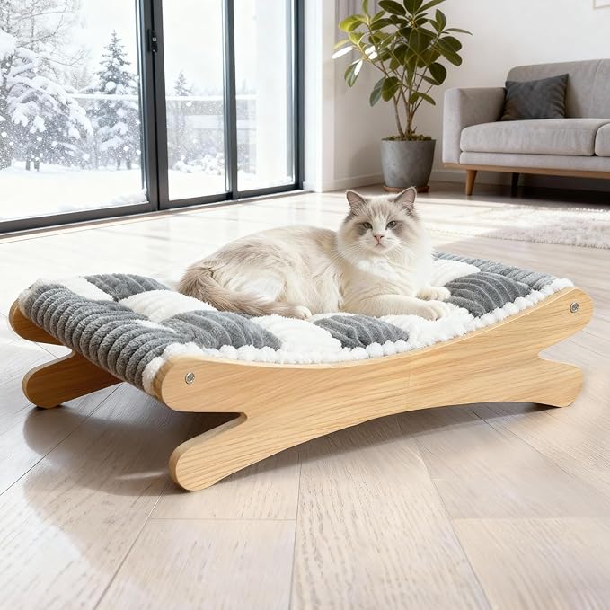 Plush Elevated Cat Bed - Cozy Raised Cat Hammock with Solid Wood Frame, Soft Furry Cushion for Indoor Cats & Small Dogs, Multi-Color Options(Black White)