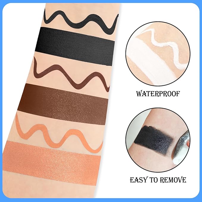 Black Brown Terracotta Face & Body Paint - Blendable Facepaint Foundation with Sponge & Brush for Skin, Professional Halloween Face Make-up Kit for Wolf Werewolf Tiger Deer Lion Beard Cosplay Costume