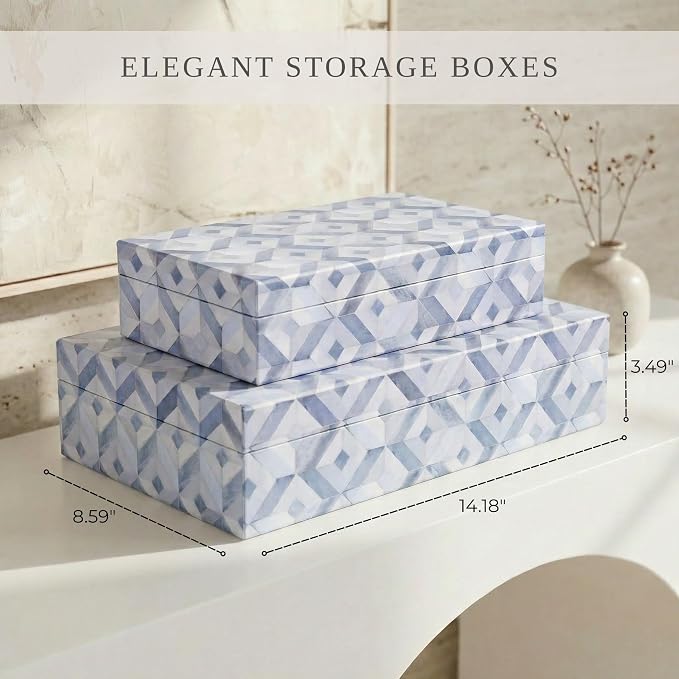 Decorative Storage Boxes with Lids - Set of 2 Organizer Bins for Bookshelf | Beautiful Home Decor - Safely Store Photos, Documents and Memory Box Keepsakes on Your Shelves in Style
