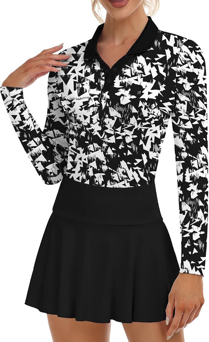 Soneven Womens Golf Shirts Moisture Wicking V Neck Long Sleeve Polo Shirts Collared Tops