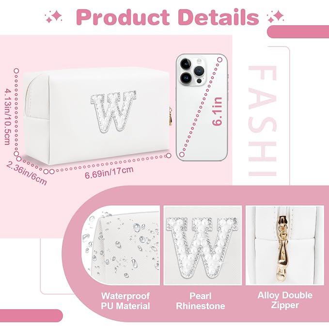 Bride Gifts – Personalized Initial Makeup Bag with Pearl Rhinestone Patch, Preppy White Monogram Cosmetic/Toiletry Pouch, bridesmaid Gifts, Bridal Shower Gifts, Wedding Gifts, Bridal Gifts,W