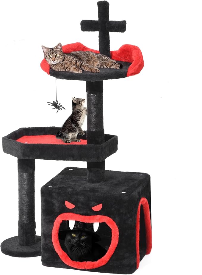 YITAHOME Gothic Cat Tree, 38.6 Inches Gothic Tower Condo with Scratching Post, Cat Tower for Indoor Cats, Sisal Pole, Soft Platform,Spider Hanging Ball, Black and Red