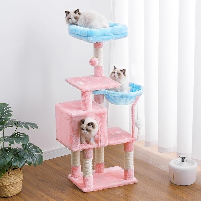 Heybly Cat Tree with Toy, 43.3 inch Cat Tower condo for Indoor Cats, Cat House with Padded Plush Perch, Cozy Hammock and Sisal Scratching Posts, Blue and Pink HCT004SBP