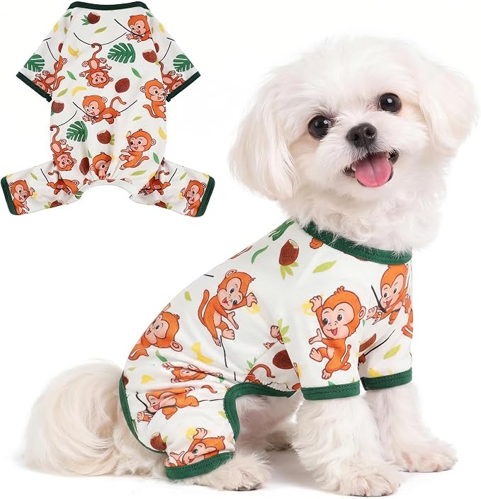 DaFuEn Dog Pajamas for Small Dogs, Soft Stretchy 4 Legs Puppy Jumpsuit, All Season Cozy Pet PJs for Chihuahua Yorkie Teacup Dogs, Cat Clothes (Brown Monkey, XS)