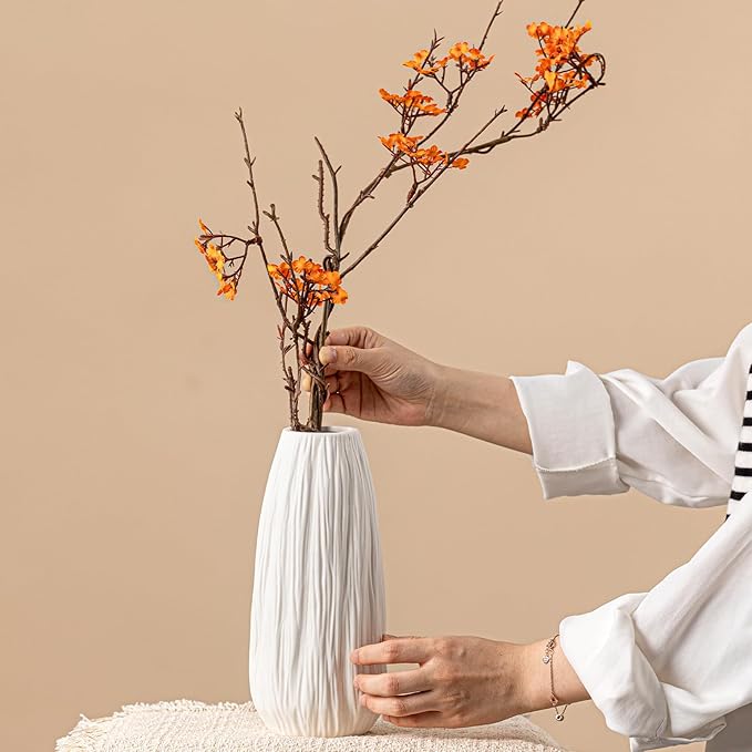 White Ceramic Vase with Woodgrain Texture & Vertical Lines - 9.3" Unique Flower Vase for Pampas Grass & Centerpieces, Farmhouse/Boho Decorative Vase for Living Room, Office Desk &Gift for Her/Yourself