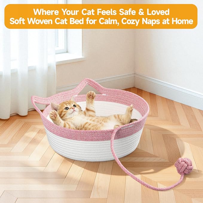 Cotton Rope Woven Cat Bed, Instinct Pet Basket with a Play Ball, Large | Foldable Cat Scratcher Basket for Indoor Cats, Puppies, Rabbits and Small Pets, Pink & White