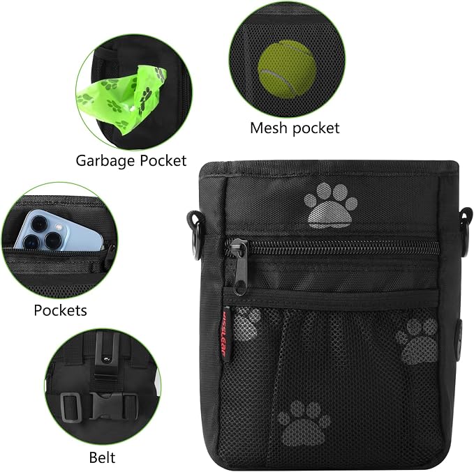kissleaf Dog Treat Pouch, Magnetic Closure, Dog Clicker- Black Pattern