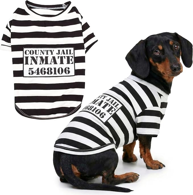 Parisian Pet Prisoner Dog Costume - 100% Cotton Striped Dog Clothes for Large Dogs - Lightweight Puppy Outfits - Funny French Bulldog Clothes - Sleeved Shirt for Dogs - Stretchy Pet Costume
