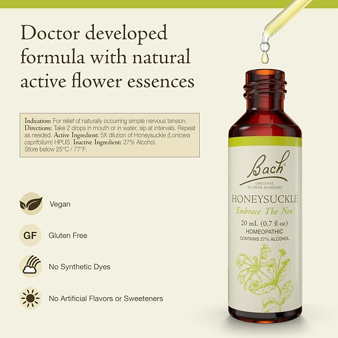 Bach Original Flower Remedies, Honeysuckle - Embrace The Now - Natural Homeopathic Flower Essence for Emotional Balance - Vegan, Gluten Free, Sugar Free - 20mL Dropper