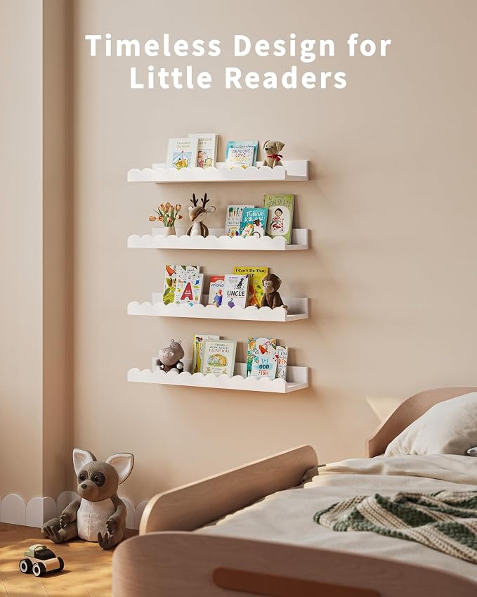 Shario Nursery Book Shelves, 8-Pack White Floating Shelves for Wall Kids, Scalloped Shelves, Wall Book Shelves for Bedroom Kids, Toddler Room, Baby Room, Nursery Decor